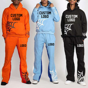 OEM 100% Cotton Tracksuits for Men <b>Oversized</b> <b>Fleece</b> <b>Hoodie</b> Patchwork printed Jogger Sets with Flared Stacked Pant for Winter - Product Image 1