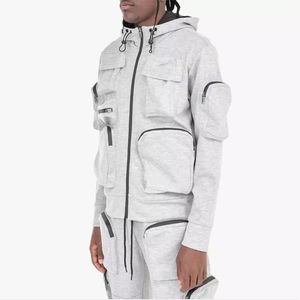 OEM Custom Heavy <b>Thick</b> Cotton Fleece Multi Cargo Pockets Full Zip up <b>Men's</b> Hoodies New Fashion solid color <b>Men</b> <b>Hoodie</b> - Product Image 3