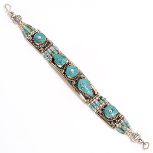 Bracelet de pierres précieuses Lapis Turquoise naturelle, Bracelet antique népalais en argent tibétain, fabricant de bijoux en argent fin - Product Image 3
