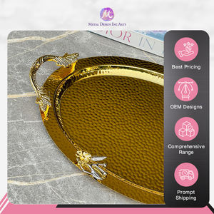 Plateaux turcs martelés de couleur dorée de forme ovale fabriqués en Inde de qualité supérieure pour servir des aliments, des collations et des desserts - Product Image 5