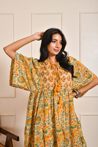 Robe mi-longue élégante pour femmes, confortable, manches amples, imprimé floral vibrant imprimé à la main, pur coton 100%, robe décontractée - Product Image 4