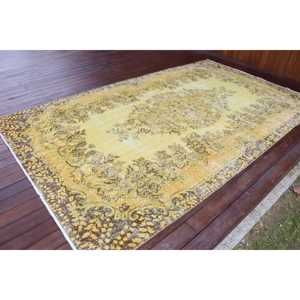 Vintage Turkish Rug, 5.5x9.4 ft Rug, <b>Yellow</b> Brown Ikat <b>Wool</b> Rug - Product Image 2