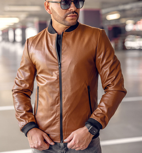 Veste de motard en cuir véritable pour homme, col montant unisexe, coupe-vent, logo personnalisé sur le devant, vente en gros - Product Image 1