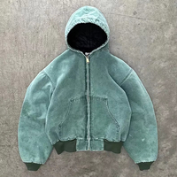 Veste courte zippée pour homme, coupe ample et épaules tombantes, style workwear vintage, personnalisée OEM, en tissu épais, effet délavé soleil, rétro, vieilli et délavé à l'acide, avec capuche