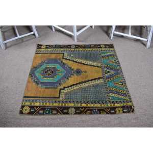 Alfombra Turca Vintage Pequeña de 3.3x3.6 pies (102x110 cm), Alfombra Azul Marroquí - Product Image 3