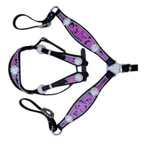 Marrón con acentos morados Juego de cuello de pecho de brida con Crystal Conchos Western Leather Trail Tack Hand Toldo - Product Image 2