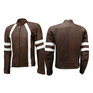 Nouvelle veste de motard coupe ajustée en cuir d'agneau véritable marron pour homme avec col montant personnalisable - Product Image 3
