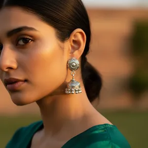 Boucles d'oreilles Jhumka en argent plaqué 925 pour femmes, pendentif ethnique vintage, perle d'eau douce du Rajasthan, pour un style de fête - Product Image 3