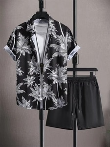Moda Casual Hombres Terry Twin Set Beachwear Ajuste relajado Traje de dos piezas con camisa estampada y pantalones cortos para vacaciones de verano - Product Image 5