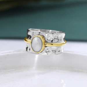 Nhẫn Thiền Định Hai Tông Màu Ngọc Trai Hình Bầu Dục Tự Nhiên Thiết Kế Cổ Điển 925 Bạc Ý & Mạ Vàng Nhẫn Lo Lắng Làm Thủ Công - Product Image 2