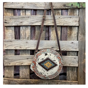 Round Shaped High Quality Hair on Leather Floral Tooled Crossbody Saddle Blanket Sling <b>Bag</b> Western Style Cowgirl <b>Bag</b> With <b>Long</b> T - Product Image 1