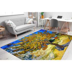Tapis imprimé : reproduction Van Gogh, tapis de salle à manger vert et bleu, tapis en chenille - Product Image 2
