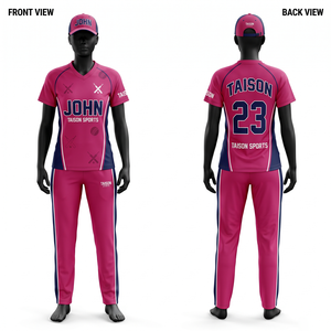 Women Cricket Uniform 180 GSM Interlock Polyester <b>Peach</b> Navy Side Panel Design Custom Sublimation Heat Transfer Logo Set - Product Image 3