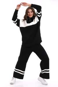 Haute qualité femmes tricots rayé fermeture éclair surdimensionné deux pièces ensemble tenue décontracté tenue de bureau pull pantalon ensemble - Product Image 3