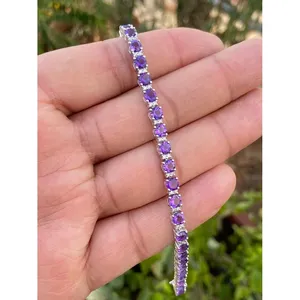 สร้อยข้อมือเทนนิสทองคำ 14k ประดับอเมทิสต์และเพชรทรงรี เครื่องประดับแฟชั่น - Product Image 4
