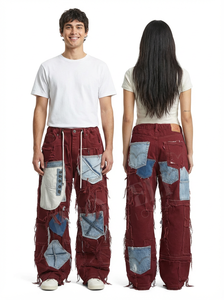 Pantalon cargo en denim patchwork sur mesure Pro Felt, jambe large, délavé, streetwear, jean décontracté, pantalon utilitaire tendance pour femmes - Product Image 5