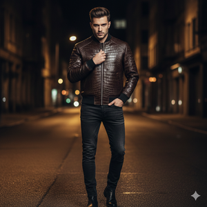 Chaqueta Bomber de Cuero Marrón de Lujo - Estampado Repujado, Ropa Urbana, Invierno, Resistente al Viento, Ecológica, Unisex - Product Image 3