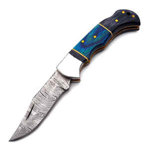 Cuchillo de bolsillo de acero de Damasco hecho a mano cuchillo plegable con Funda de cuero - Product Image 1
