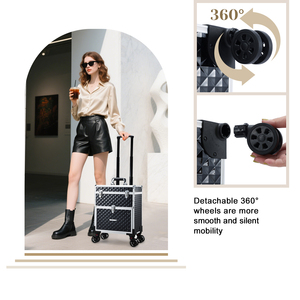 Valise de maquillage à roulettes avec tiroir et sac amovible, grande boîte de rangement pour cosmétiques, idéale pour les techniciennes en manucure et les coiffeuses - Product Image 4