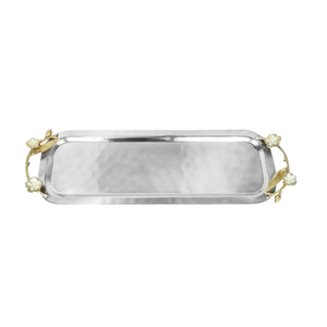 Stylish <b>Kitchen</b> & Dining <b>Accessory</b> Stainless Steel Serving Tray With Unique Gold Floral Leaf Handles Food Serving Tray On Sale - Product Image 1