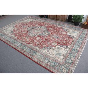Vintage 7.1x10.4 ft Rug, Turkish Rug, <b>Red</b> Abstract Rug <b>Wool</b> - Product Image 3
