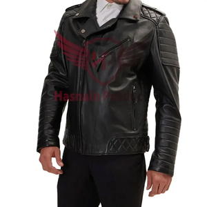 Blouson en cuir véritable noir pour homme, fermeture éclair asymétrique, manches matelassées en peau de mouton, style motard, matelassage losanges, veste d'hiver épaisse personnalisée - Product Image 2