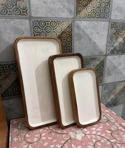 Best Quality Custom Walnut Wood Coffee Refreshment Wooden Serving Tray Set With Metal Handles with <b>Enamel</b> Printed Serving Tray - Product Image 2