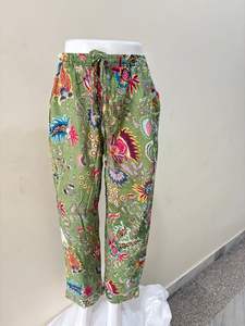 Tropical Bloom Cotton Pants Green Garden Boho <b>Trousers</b> Wildflower Print Lounge Pants - Product Image 4