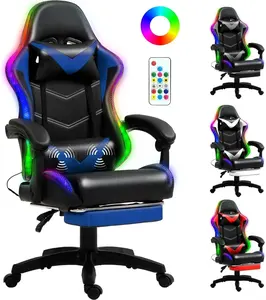 Chaise de jeu ergonomique industrielle en cuir, réglable en hauteur, pivotante, inclinable, avec appui-tête, coussin lombaire et lumières LED RGB – Vente en gros - Product Image 1