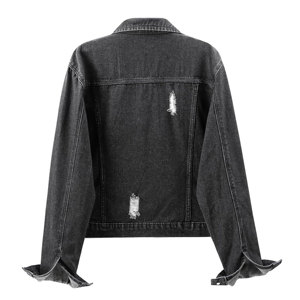 Factory Wholesale Charcoal Black Women Jean Jacket Distressed <b>Loose</b> Spring Autumn Street Style Jeans Jacket - Product Image 2