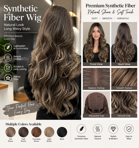 Peluca Larga Ondulada de Fibra Sintética para Mujer, Color Marrón Oscuro con Reflejos, Ondas de Aspecto Natural para Uso Diario, Fiestas y Moda - Product Image 6