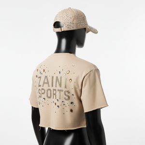 Women High Quality Cotton Jersey Crop <b>Top</b> T Shirt 200 GSM Nude <b>Beige</b> Luxury Rhinestone Heat Press Logo women's shirt - Product Image 5