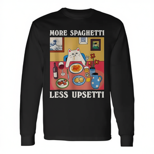 T-shirt a maniche lunghe con citazione di un simpatico gatto: Più spaghetti, meno stress - T-shirt promozionale - Product Image 2