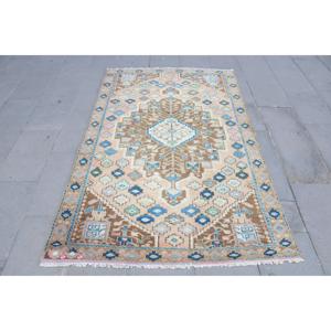 Alfombra Turca, Alfombra Vintage de 4.1x6.3 pies, Alfombra Floral Azul Marrón - Product Image 1