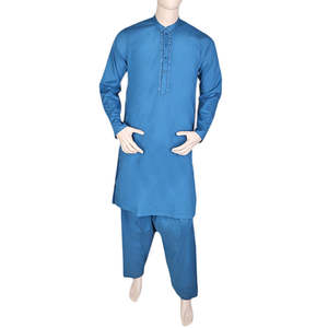 Shalwar Kameez brodé pour homme, col bandoulière - Bleu acier - Product Image 2