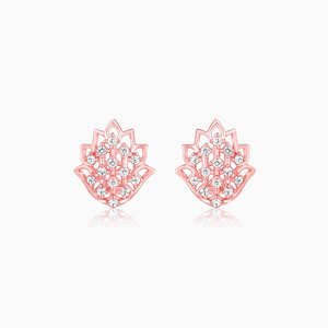 Elegant Rose Gold <b>Lotus</b> Radiance Stud Earrings Featuring Religious Geometric Diamond and <b>Pearl</b> Style - Product Image 1
