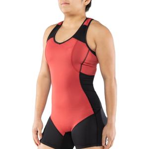 Womens Red and Black Performance Singlet <b>One</b> Piece Compression Bodysuit Sleeveless Workout Suit for Training and Sports - Product Image 1