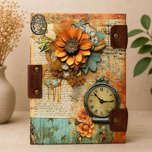 Vintage Floral Cardboard Cover Journal <b>with</b> Antique <b>Lock</b>, 7x5 Handmade <b>Diary</b>, Deckle Edge Paper Notebook - Product Image 4