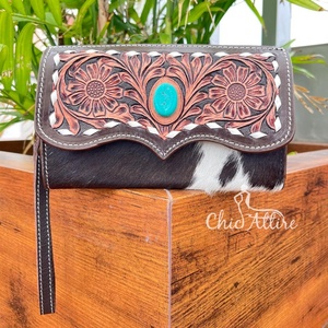 Cartera de pulsera de piel de vaca auténtica para mujer, funda de teléfono de cuero con estampado Floral occidental y tarjetero, monedero con diseño de piel oculta - Product Image 1