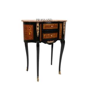 Table console classique en bois noir avec deux tiroirs, plateau en marbre, pieds incurvés, ornements en laiton et incrustations décoratives - Product Image 4