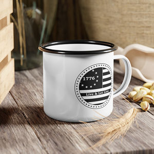 Tazza da Campeggio Americana 12oz 1776 Live and Let Live con Bandiera di Betsy Ross, Leggera in Smalto - Product Image 1