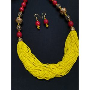 Handcrafted Red & Yellow Beaded Statement <b>Necklace</b> Set Ethnic Indian Jewelry with <b>Matching</b> Earrings - Product Image 5