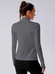 Gris charbon de bois femmes demi fermeture éclair entraînement pull à manches longues séchage rapide Stretch Yoga course entraînement Fitness vêtements de sport personnalisés - Product Image 2