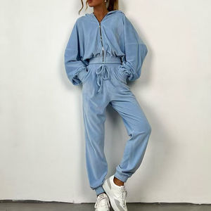 Precio barato, conjunto deportivo de primavera personalizado para mujer, Sudadera con capucha cortada con cremallera en blanco, en la cintura con cordón Pantalones deportivos, conjunto de 2 piezas para mujer - Product Image 2