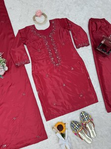 Lo último en Moda Para Cena Especial Color rojo Top de longitud media y Plazzo con Dupatta a juego para mujeres y niñas a baja velocidad - Product Image 6