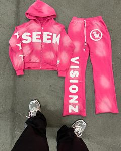 Ensemble pantalon et sweat à capuche Vintage évasé en éponge française surdimensionné personnalisé survêtement patch de broderie en détresse lavé à l'acide survêtements - Product Image 3