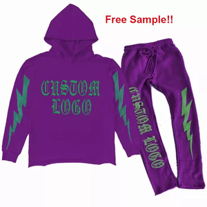 OEM algodón estampado corte crudo dobladillo borde Sudadera con capucha Patchwork pantalón hombres chándal peso pesado apilado acampanado hombres dos piezas Jogger conjuntos - Product Image 5