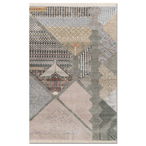 Tapis noués à la main en laine et soie de bambou à motifs géométriques Manchaha, rose et violet, pour usage domestique - Les-2954 - Product Image 1