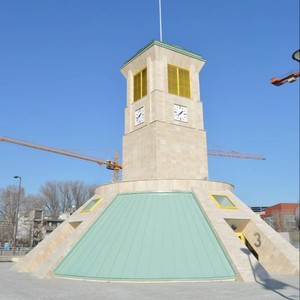 Modern <b>Clock</b> Tower With Green Roof And Yellow Accents For Park Use - Product Image 1