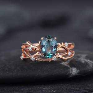 Anillo de promesa de rama de ramita de Plata de Ley 925, juego de anillos de compromiso de Alejandrita y moissanita de forma ovalada chapada en oro rosa de 14K - Product Image 6